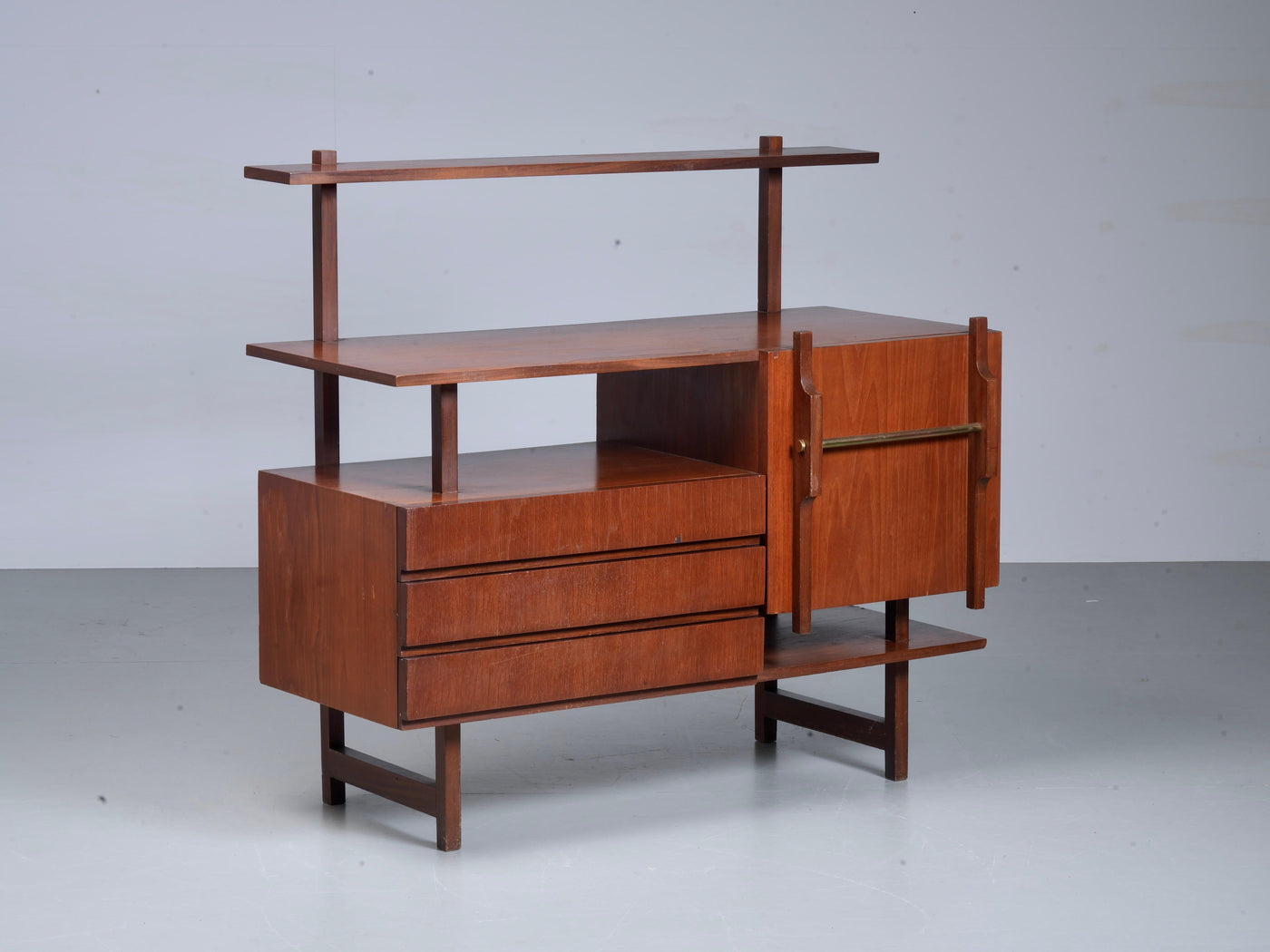 Geometrical Credenza in Wood and Brass, Italy 1960's