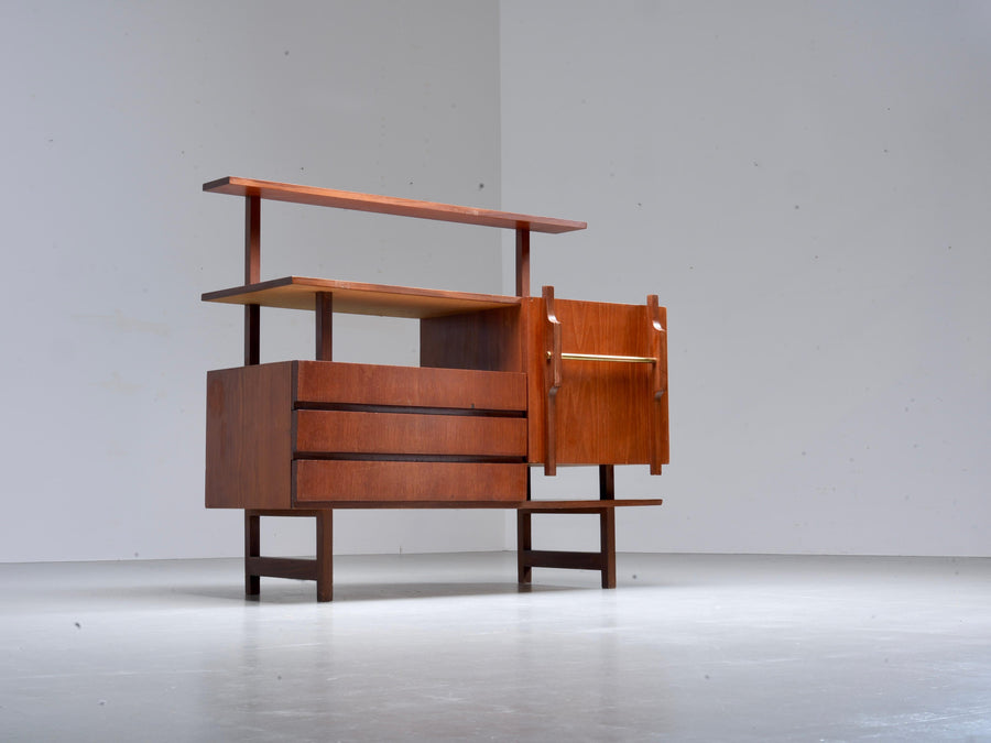 Geometrical Credenza in Wood and Brass, Italy 1960's