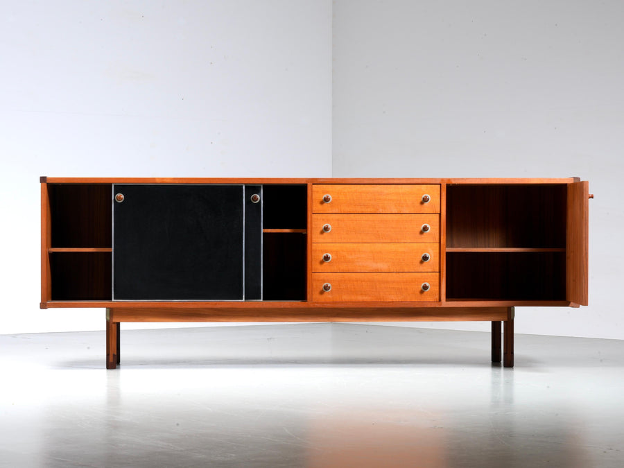 Italian Sideboard in Teak, Metal and Black Laminate, 1960's