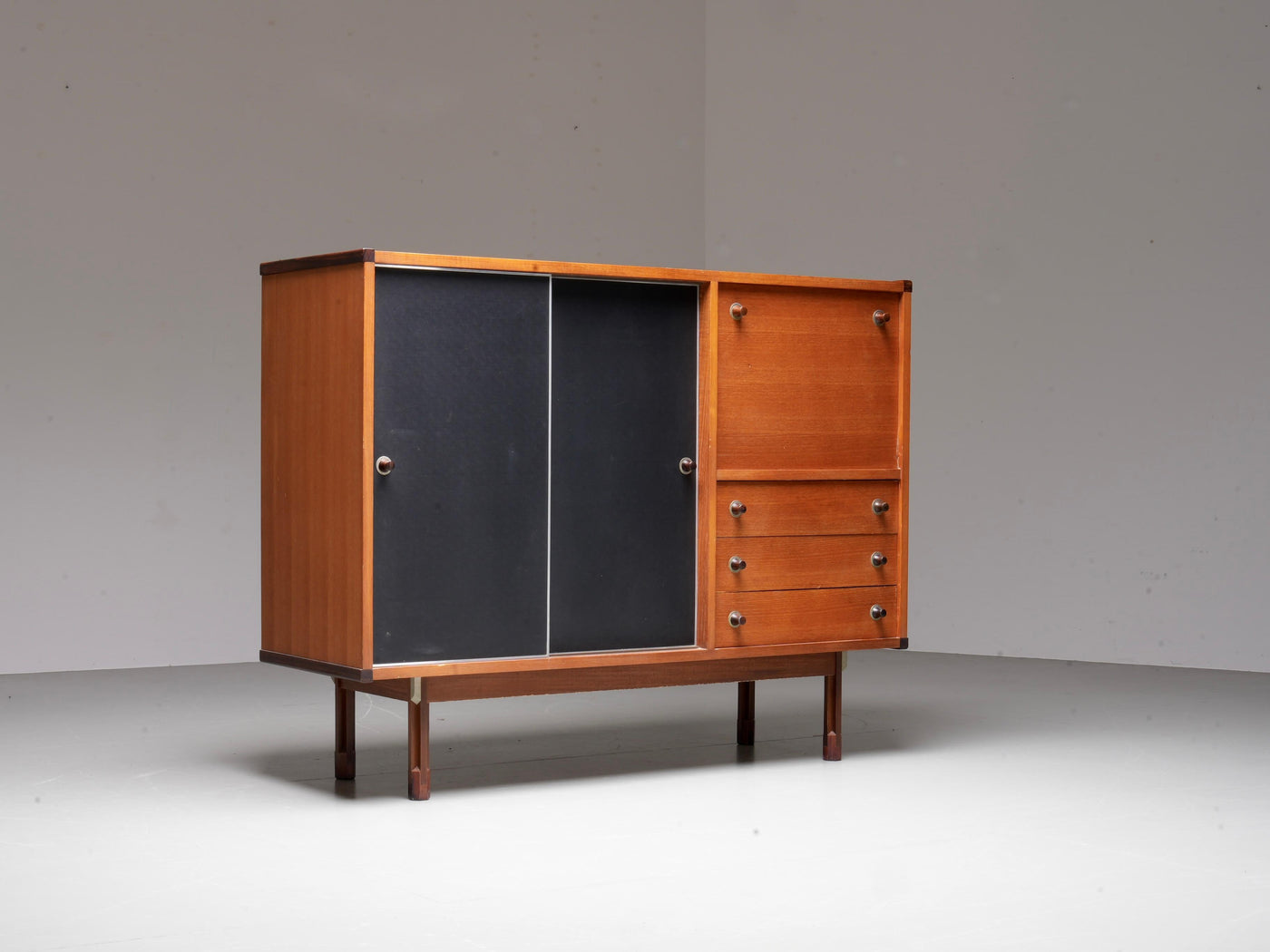 Italian Cabinet/ Secretary in Teak, Metal and Black Laminate, 1960's.