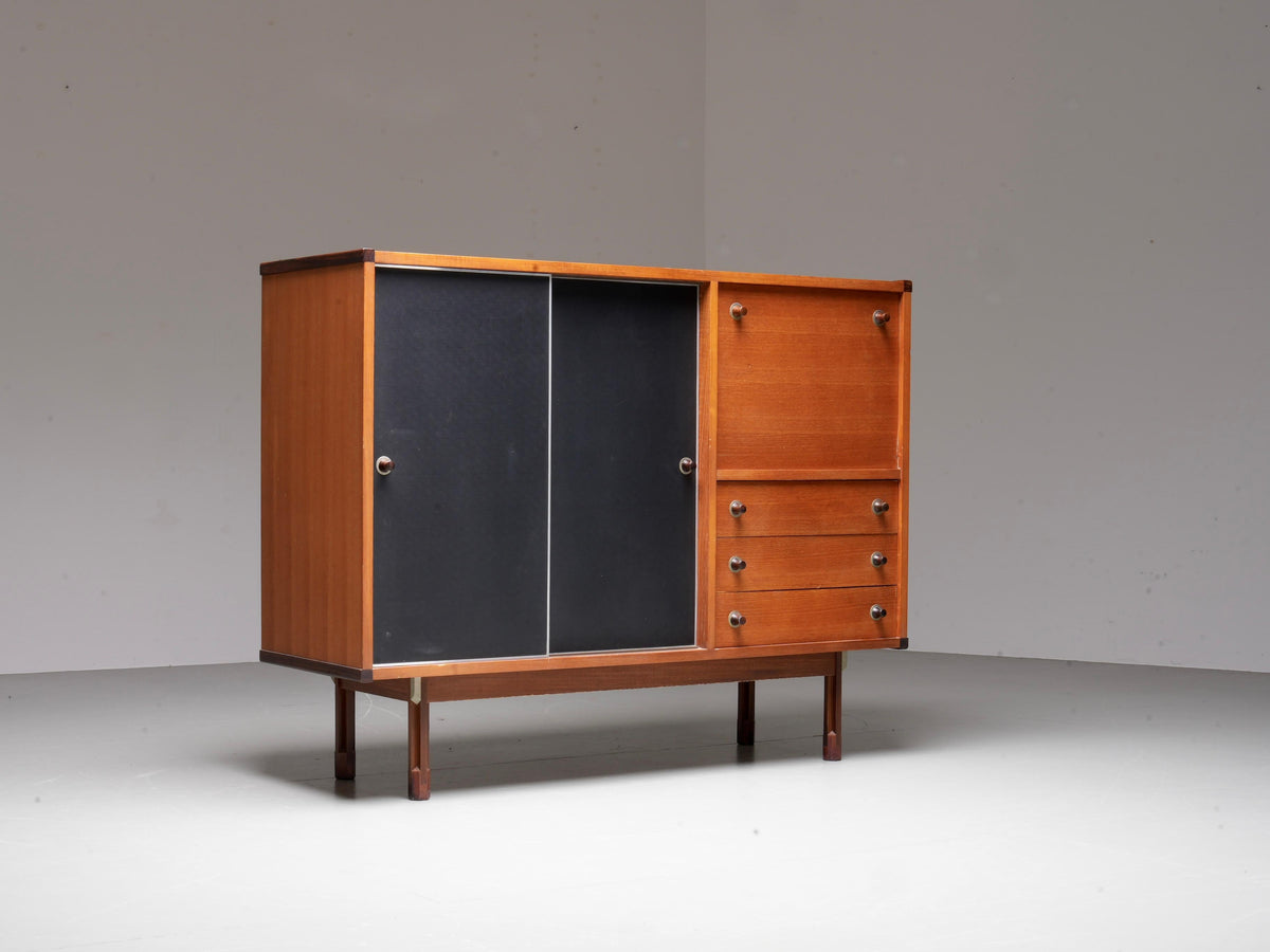 Italian Cabinet/ Secretary in Teak, Metal and Black Laminate, 1960's.