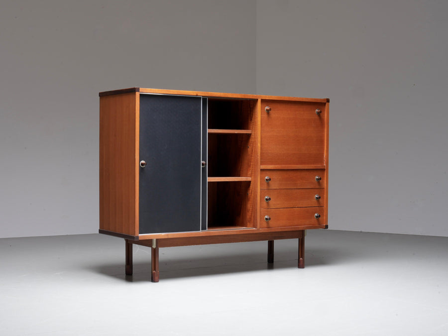 Italian Cabinet/ Secretary in Teak, Metal and Black Laminate, 1960's.