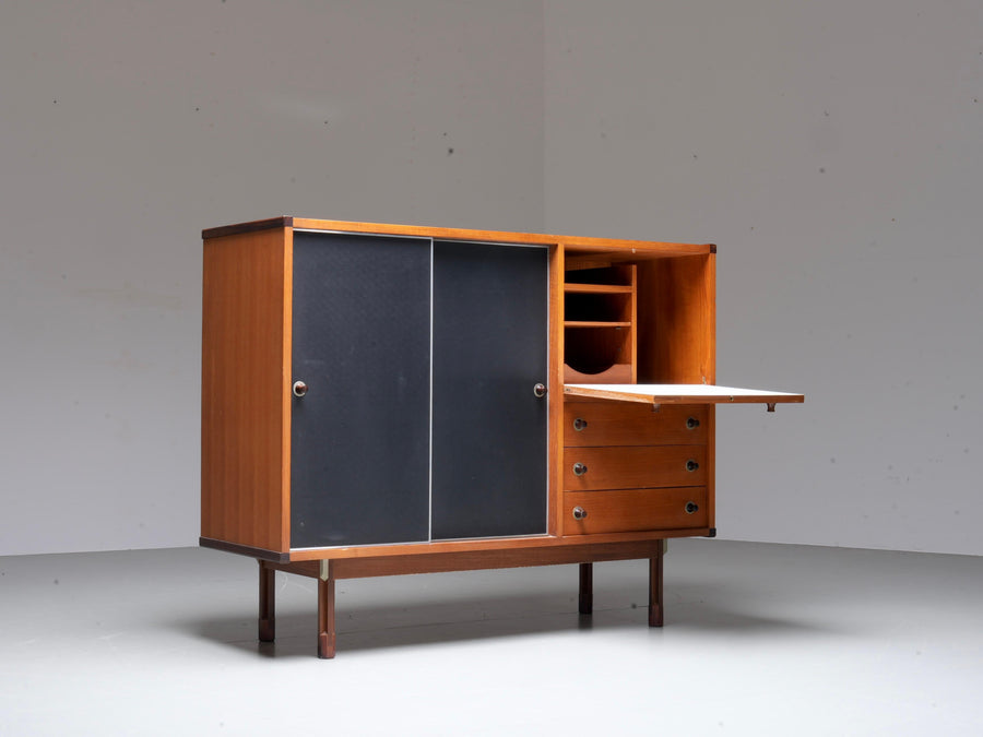 Italian Cabinet/ Secretary in Teak, Metal and Black Laminate, 1960's.