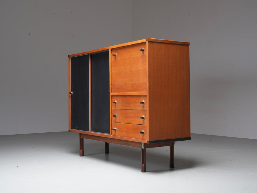 Italian Cabinet/ Secretary in Teak, Metal and Black Laminate, 1960's.