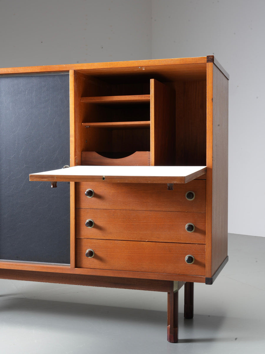 Italian Cabinet/ Secretary in Teak, Metal and Black Laminate, 1960's.