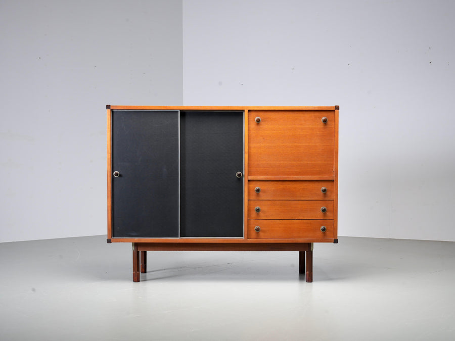 Italian Cabinet/ Secretary in Teak, Metal and Black Laminate, 1960's.
