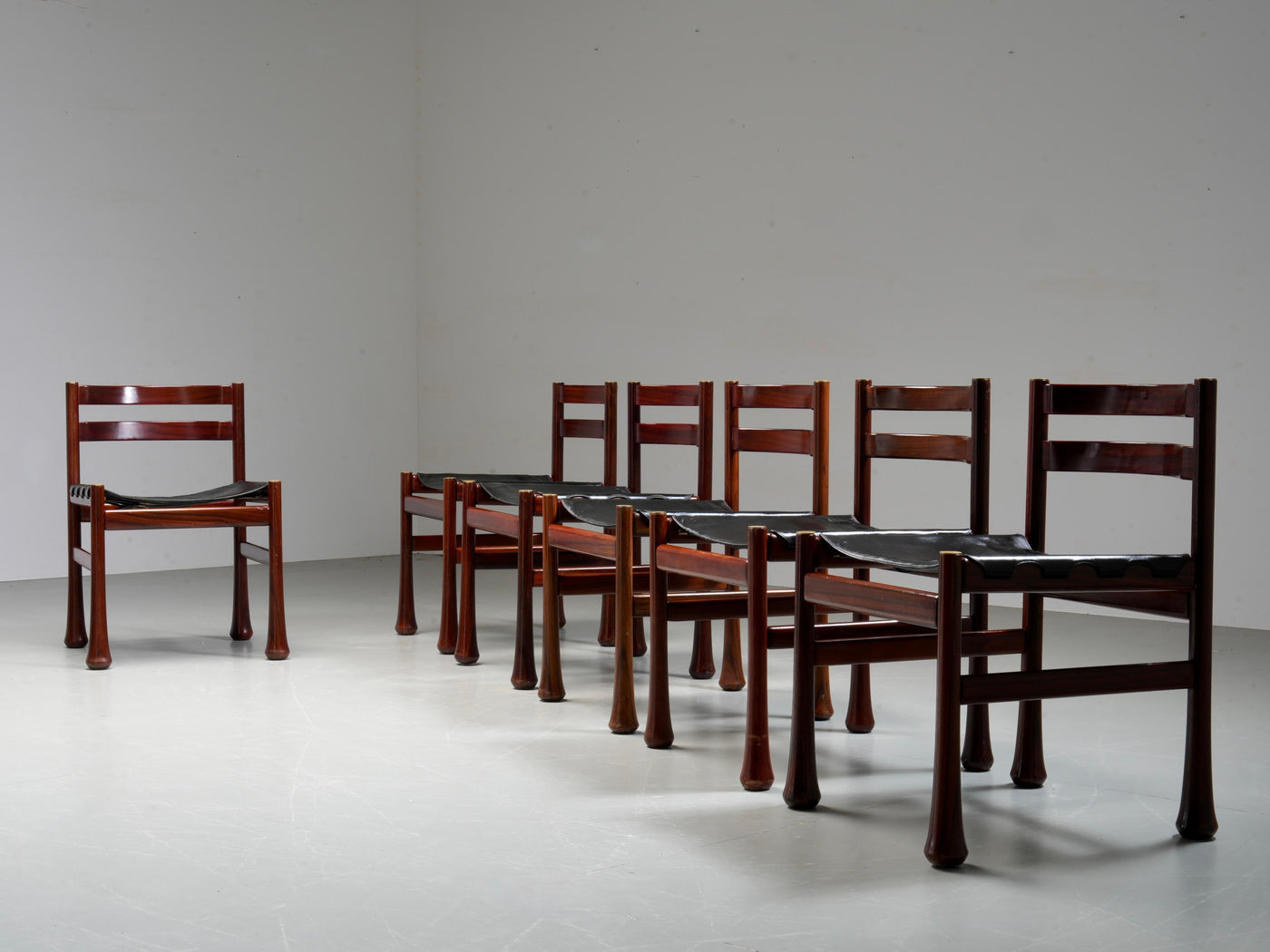 Set of 6 Dining Chairs by Luciano Frigerio in Wood and Leather, Italy, 1970's