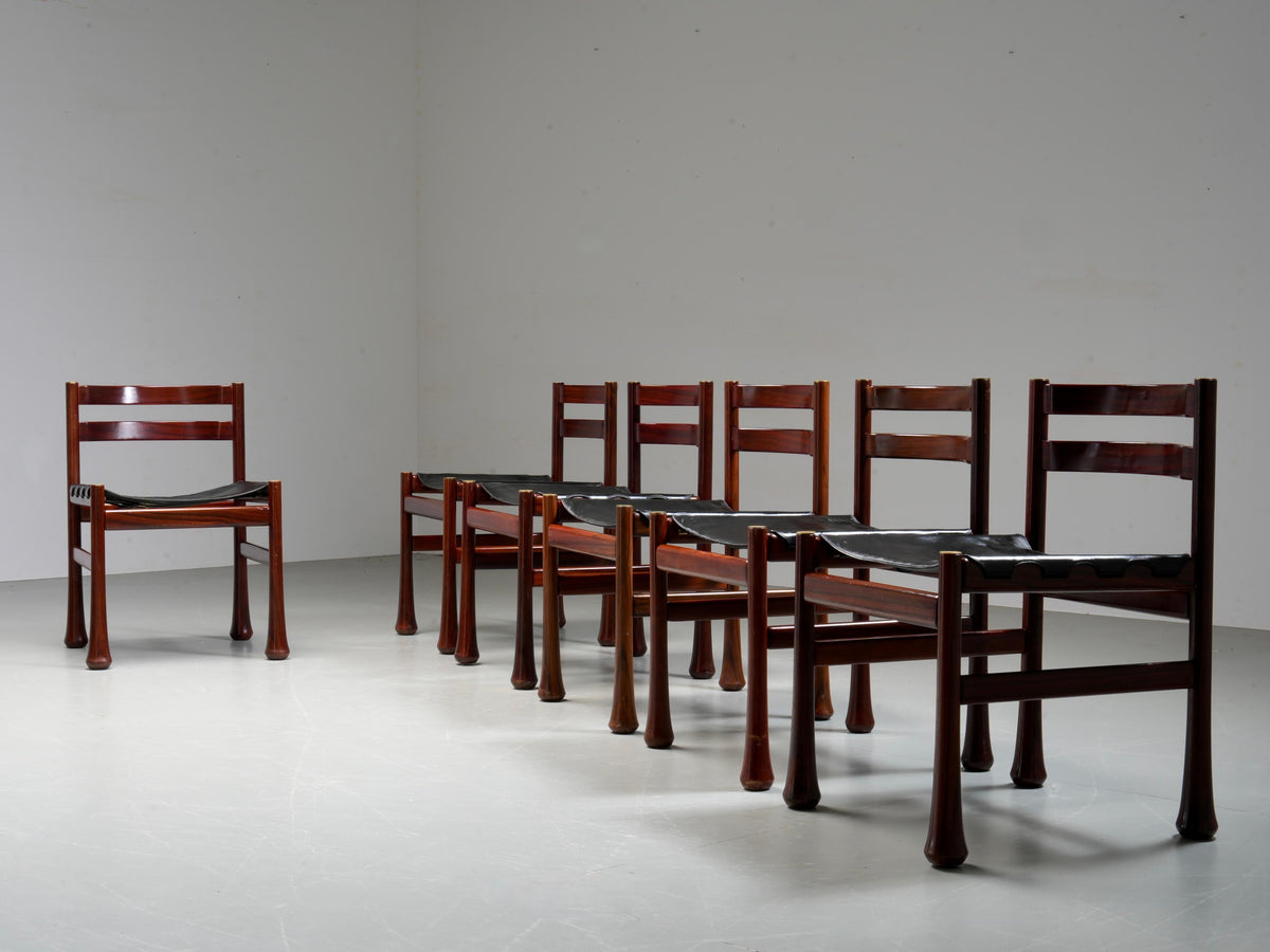 Set of 6 Dining Chairs by Luciano Frigerio in Wood and Leather, Italy, 1970's