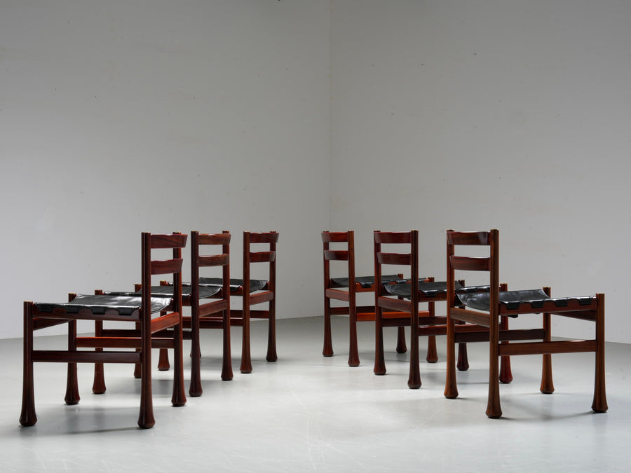 Set of 6 Dining Chairs by Luciano Frigerio in Wood and Leather, Italy, 1970's