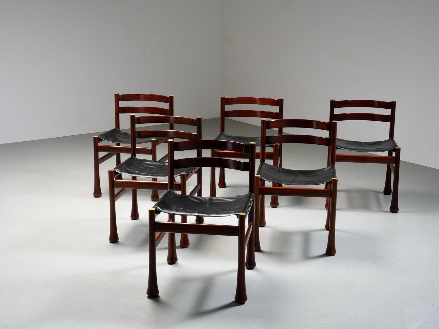 Set of 6 Dining Chairs by Luciano Frigerio in Wood and Leather, Italy, 1970's