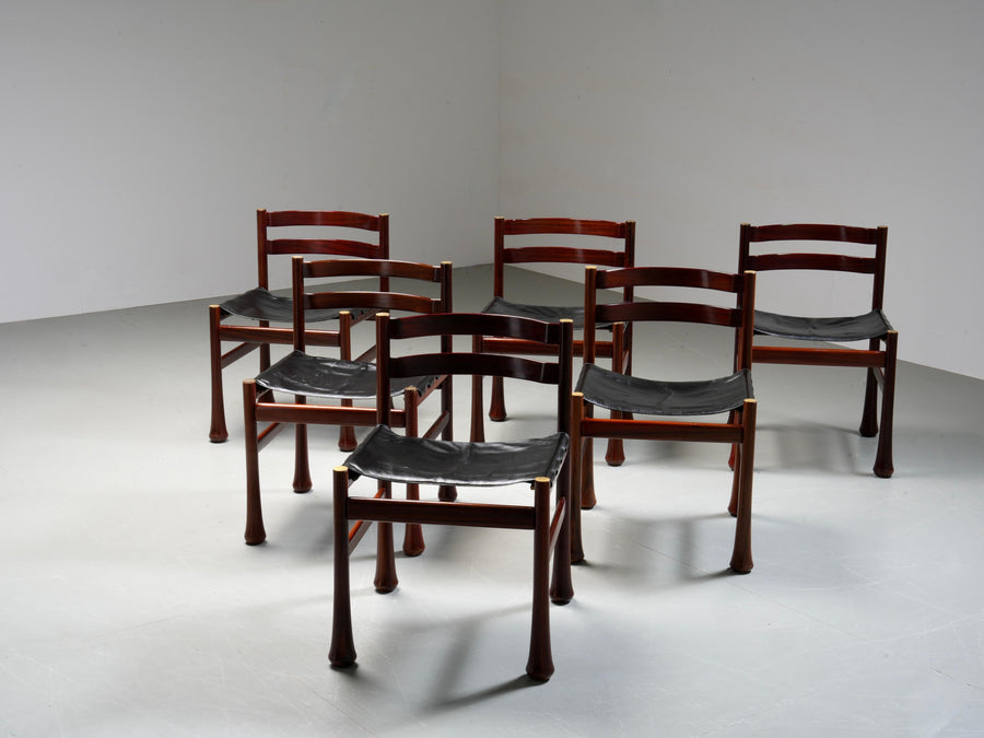Set of 6 Dining Chairs by Luciano Frigerio in Wood and Leather, Italy, 1970's