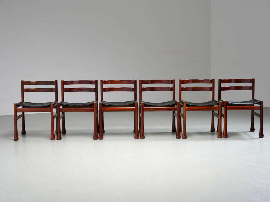 Set of 6 Dining Chairs by Luciano Frigerio in Wood and Leather, Italy, 1970's