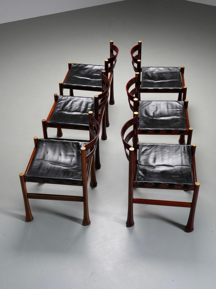 Set of 6 Dining Chairs by Luciano Frigerio in Wood and Leather, Italy, 1970's