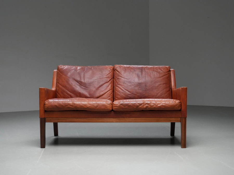Kai Lyngfeldt Larsen 2 seat Sofa in cognac patinated Leather, Denmark, 1960’s