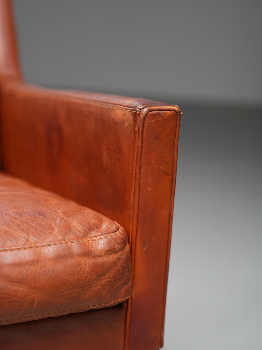 Kai Lyngfeldt Larsen 2 seat Sofa in cognac patinated Leather, Denmark, 1960’s