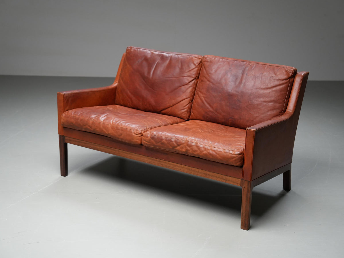 Kai Lyngfeldt Larsen 2 seat Sofa in cognac patinated Leather, Denmark, 1960’s