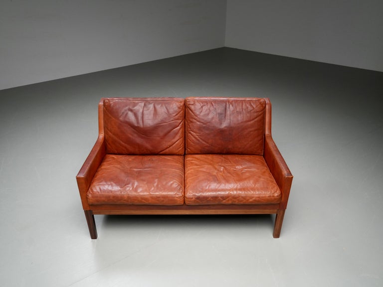Kai Lyngfeldt Larsen 2 seat Sofa in cognac patinated Leather, Denmark, 1960’s
