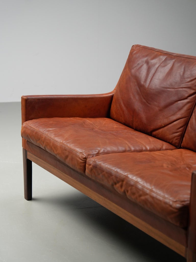 Kai Lyngfeldt Larsen 2 seat Sofa in cognac patinated Leather, Denmark, 1960’s
