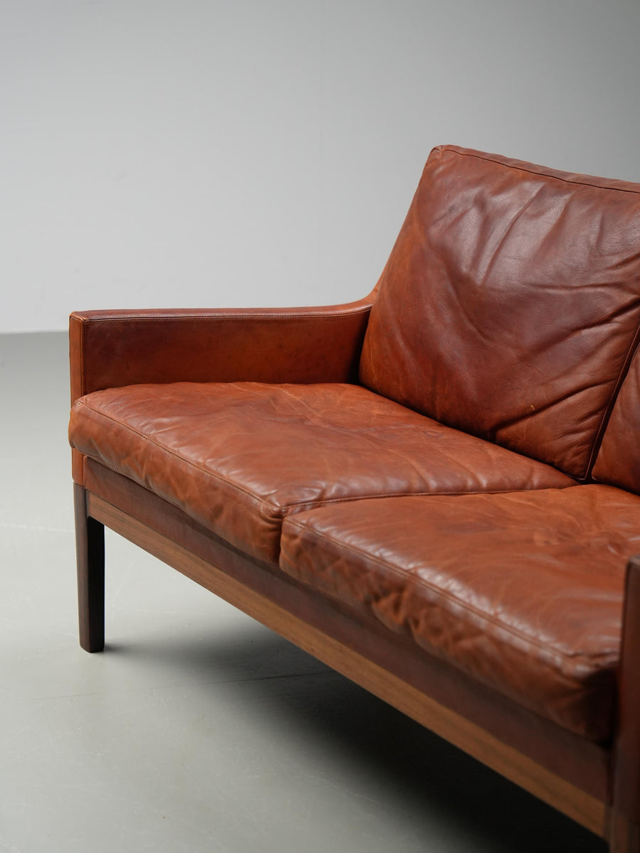 Kai Lyngfeldt Larsen 2 seat Sofa in cognac patinated Leather, Denmark, 1960’s