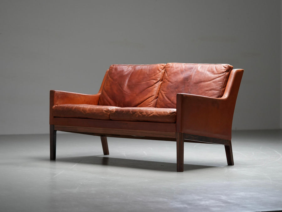 Kai Lyngfeldt Larsen 2 seat Sofa in cognac patinated Leather, Denmark, 1960’s