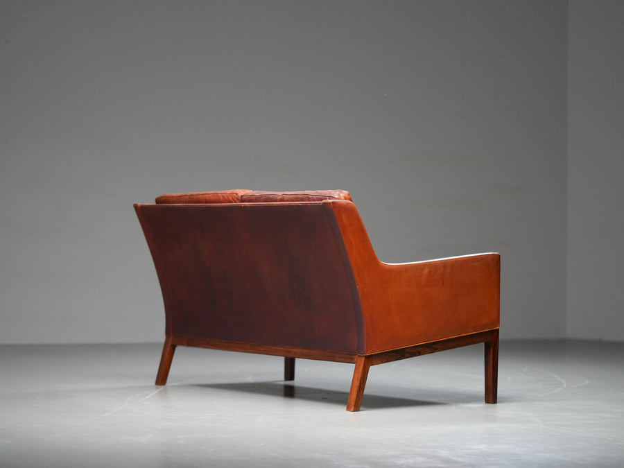 Kai Lyngfeldt Larsen 2 seat Sofa in cognac patinated Leather, Denmark, 1960’s