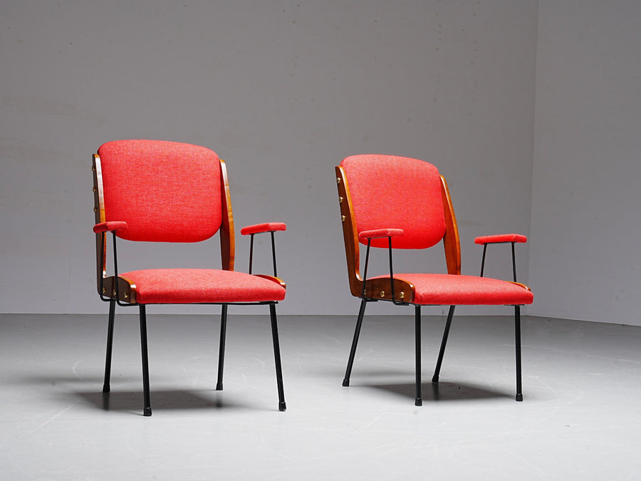 Set of Two Red Armchairs in Brass and Wood, Italy, 1960's