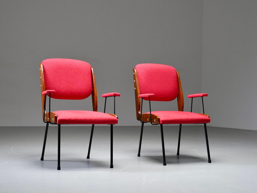 Set of Two Red Armchairs in Brass and Wood, Italy, 1960's