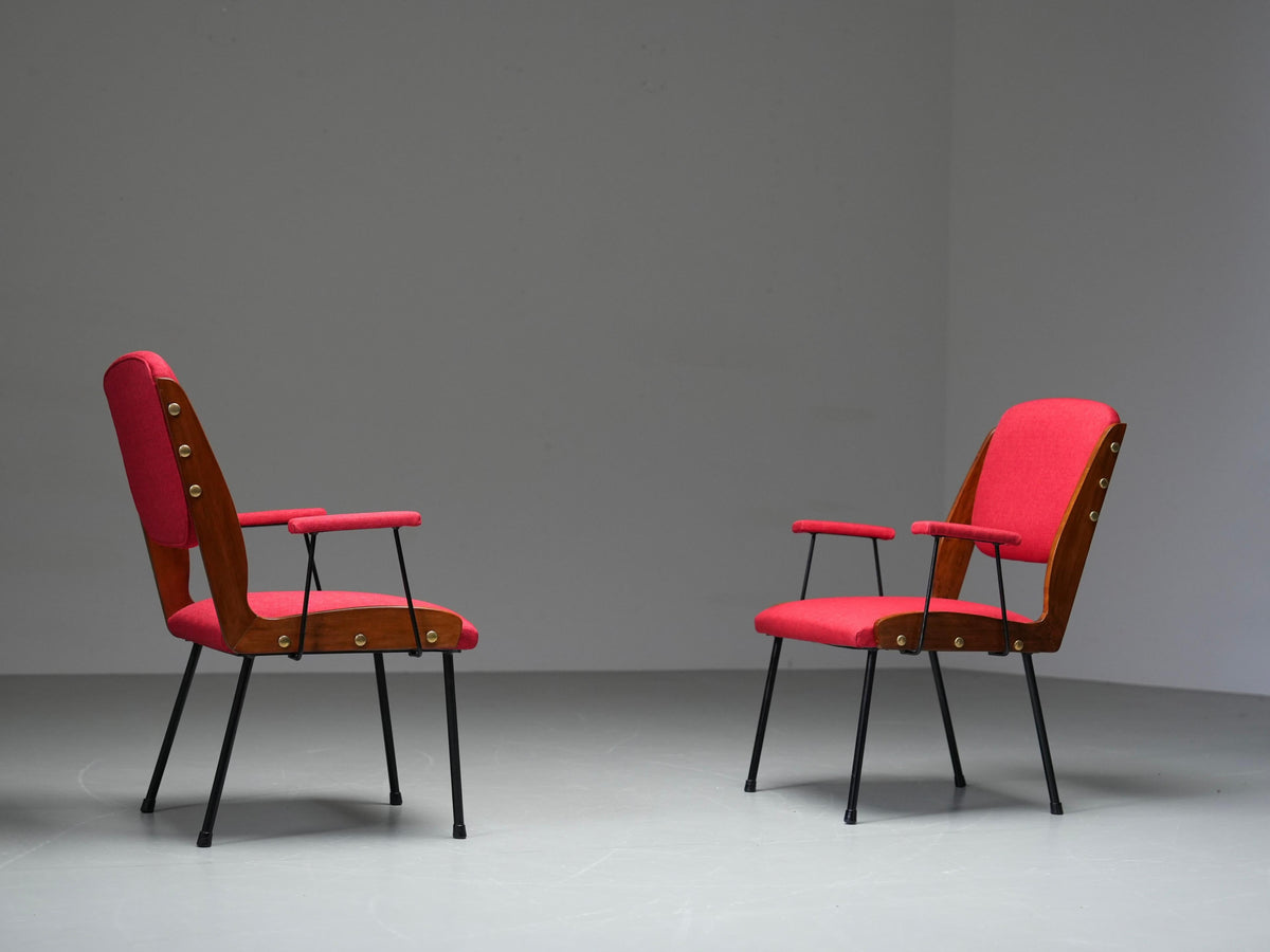 Set of Two Red Armchairs in Brass and Wood, Italy, 1960's