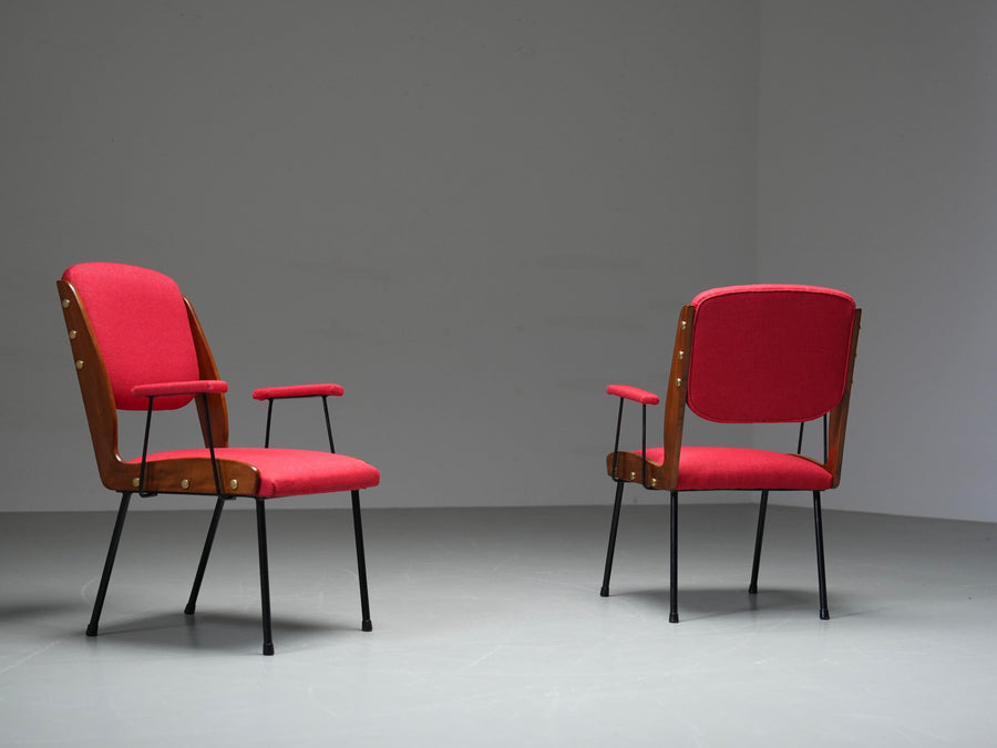 Set of Two Red Armchairs in Brass and Wood, Italy, 1960's