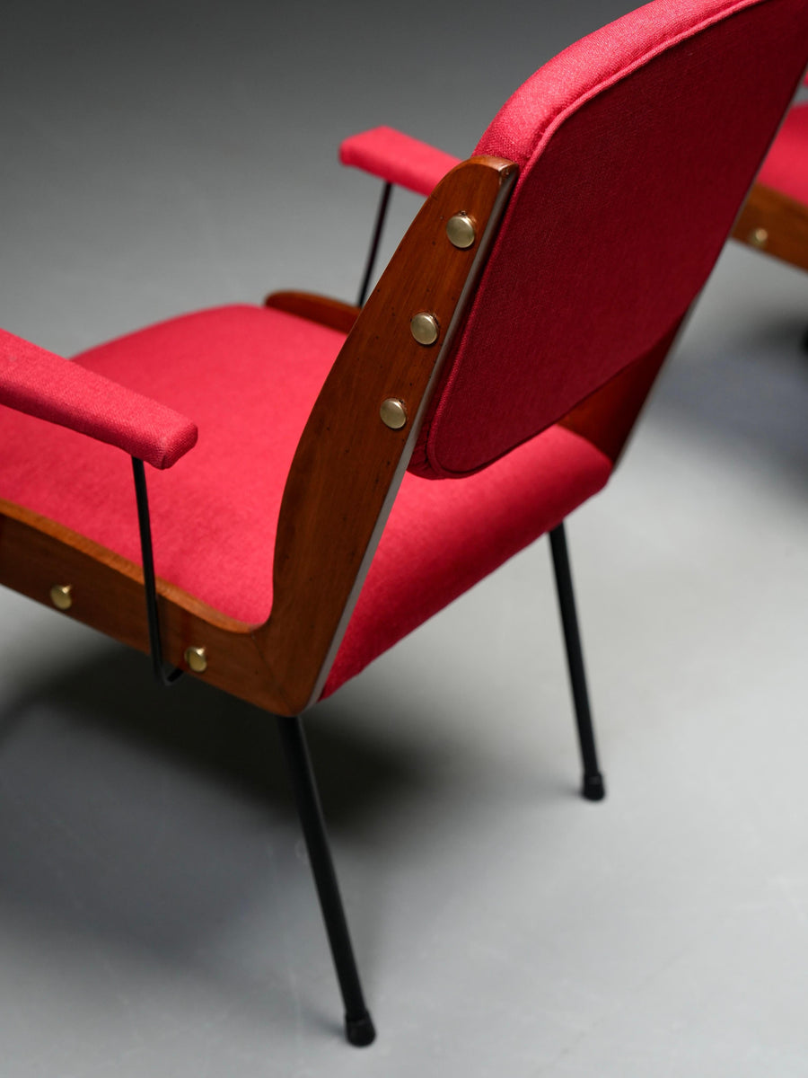 Set of Two Red Armchairs in Brass and Wood, Italy, 1960's