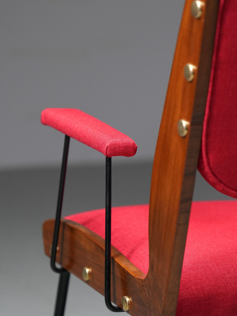 Set of Two Red Armchairs in Brass and Wood, Italy, 1960's