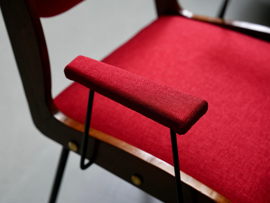 Set of Two Red Armchairs in Brass and Wood, Italy, 1960's