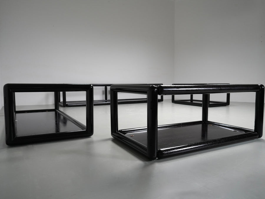 Set of 2 Carlo Scarpa 'Cornaro' Sofas in Iroko Wood and Fabric, Italy, 1970's