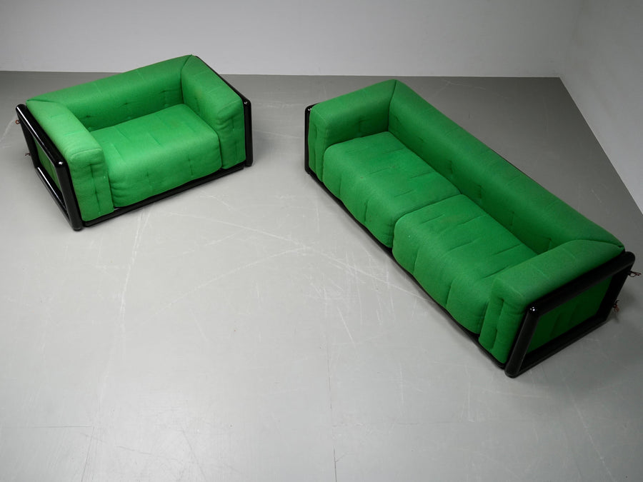 Carlo Scarpa "Cornaro" Sofa early edition in Iroko Wood and Fabric, Italy, 1950s