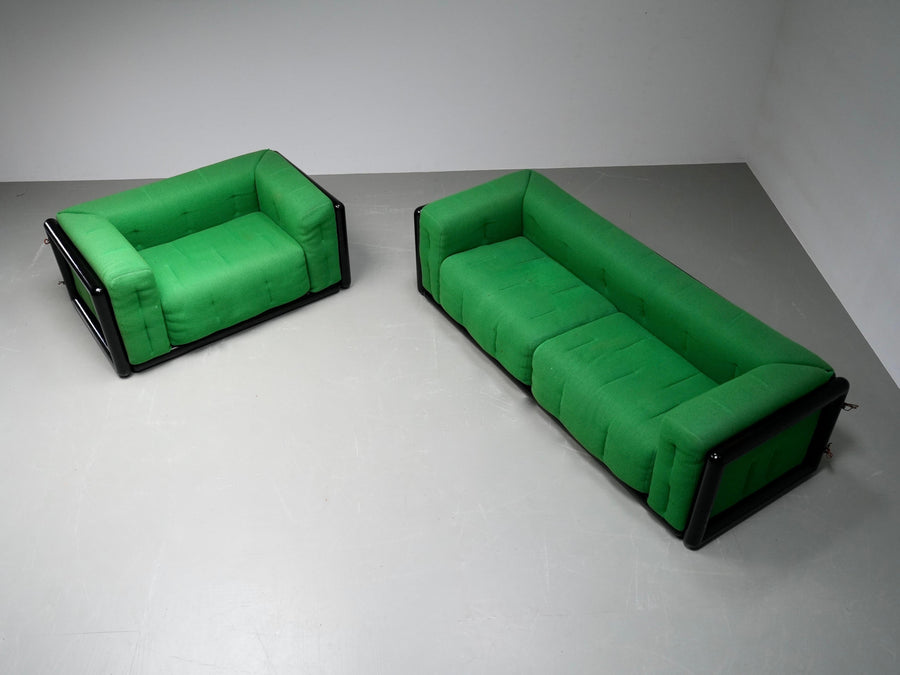Set of 2 Carlo Scarpa 'Cornaro' Sofas in Iroko Wood and Fabric, Italy, 1970's
