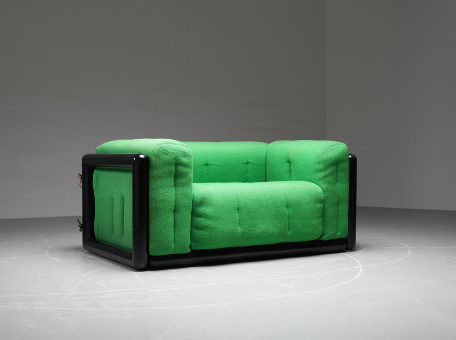 Set of 2 Carlo Scarpa 'Cornaro' Sofas in Iroko Wood and Fabric, Italy, 1970's