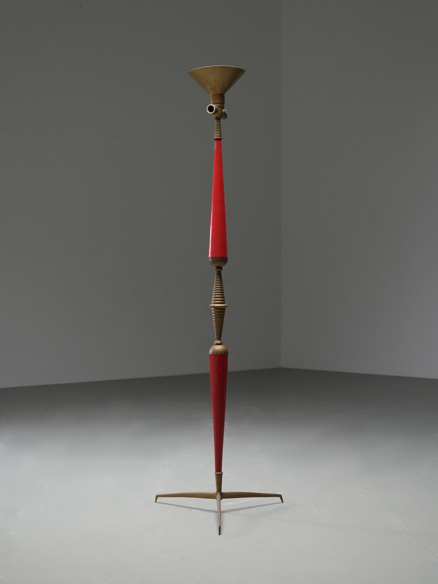 Italian 1950s Floor Lamp with Brass Accents and Original Red Lacquer