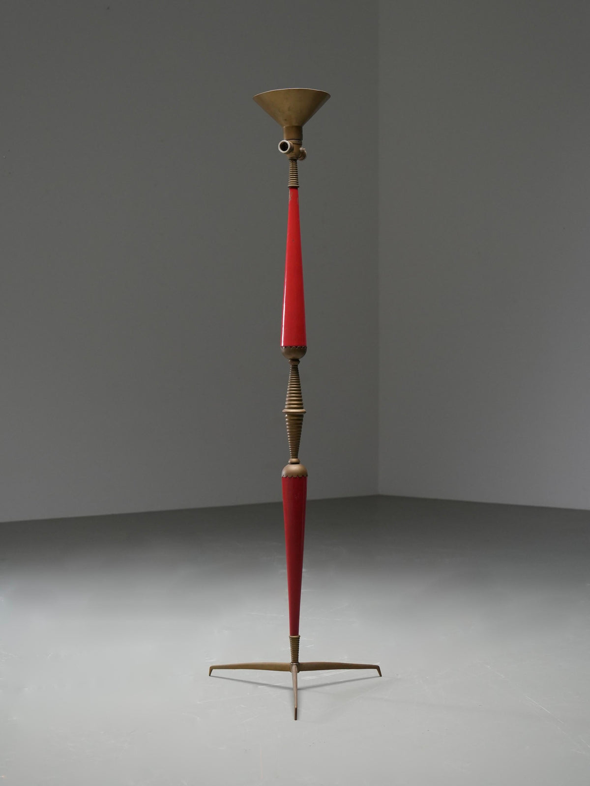 Italian 1950s Floor Lamp with Brass Accents and Original Red Lacquer