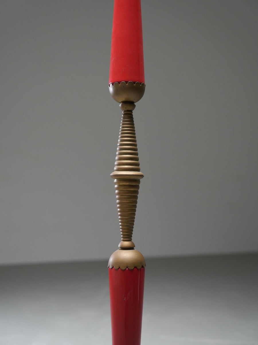 Italian 1950s Floor Lamp with Brass Accents and Original Red Lacquer