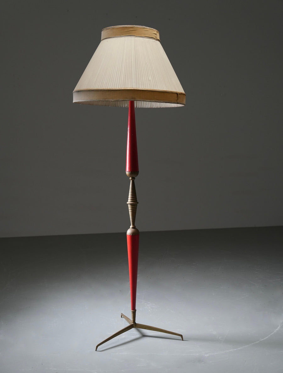 Italian 1950s Floor Lamp with Brass Accents and Original Red Lacquer