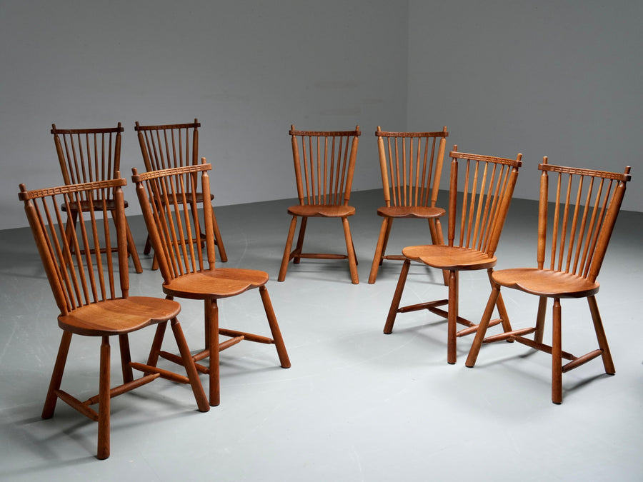 Set of 8 Spindle-Back Chairs in Oak by 'De Ster' Gelderland, 1960's