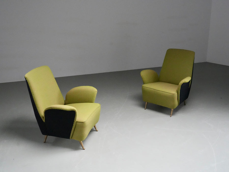 Two Lounge Chairs by Isa Bergamo in Fabric and Brass, Italy, 1950's