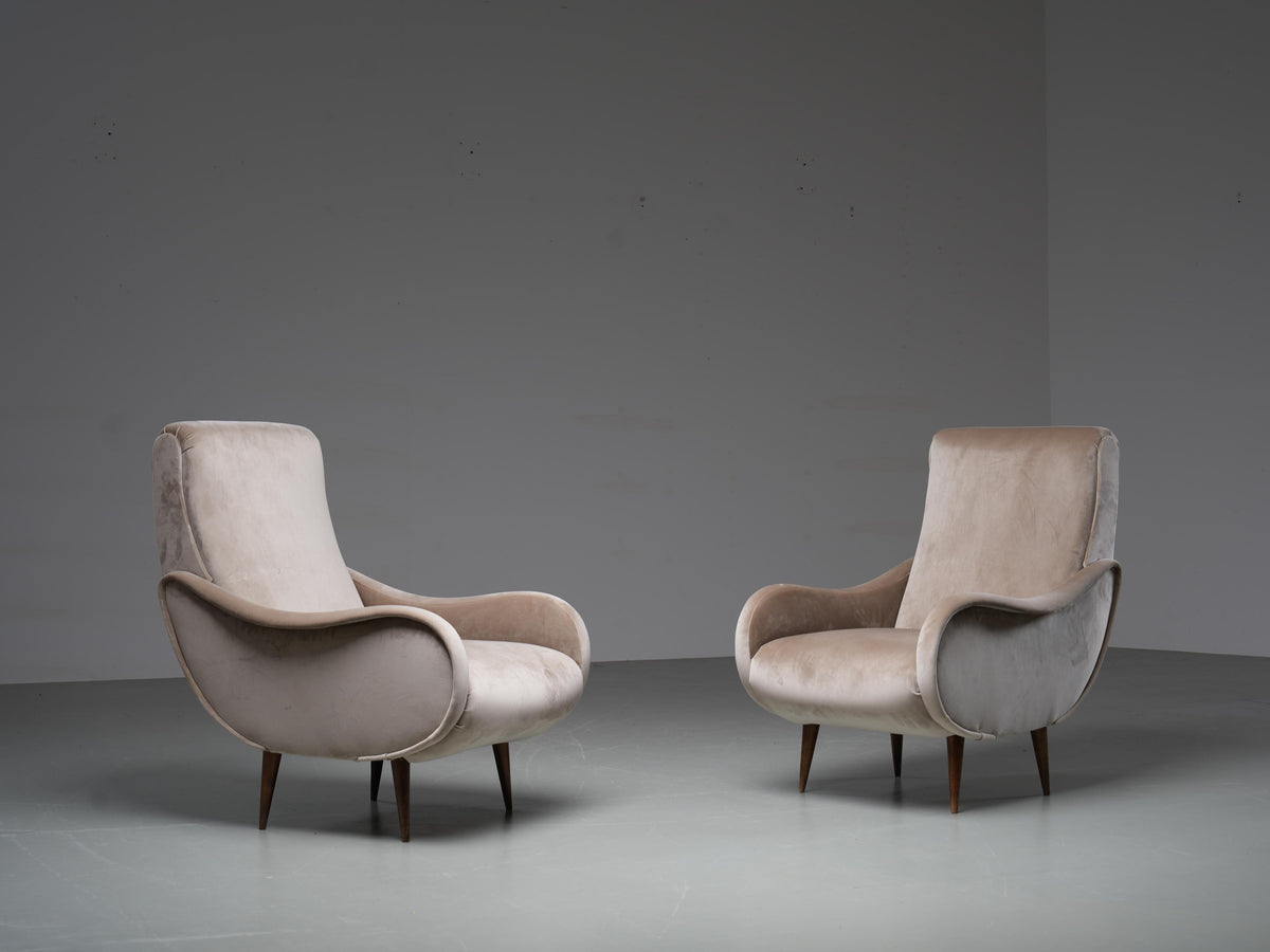 Set of 2 Lounge Chairs in light brown Velvet and Wood, Italy, 1950's