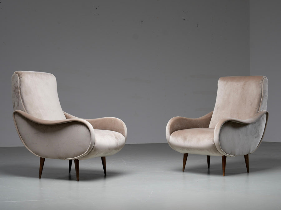 Set of 2 Lounge Chairs in light brown Velvet and Wood, Italy, 1950's