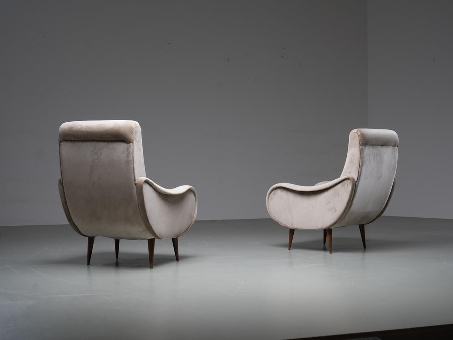 Set of 2 Lounge Chairs in light brown Velvet and Wood, Italy, 1950's
