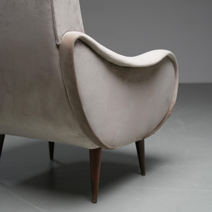 Set of 2 Lounge Chairs in light brown Velvet and Wood, Italy, 1950's