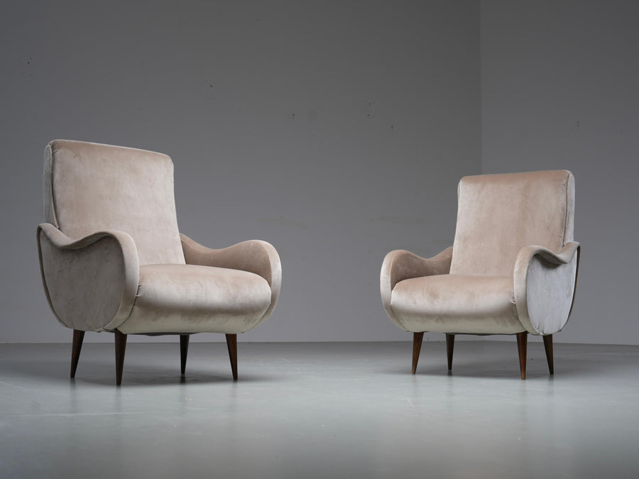 Set of 2 Lounge Chairs in light brown Velvet and Wood, Italy, 1950's