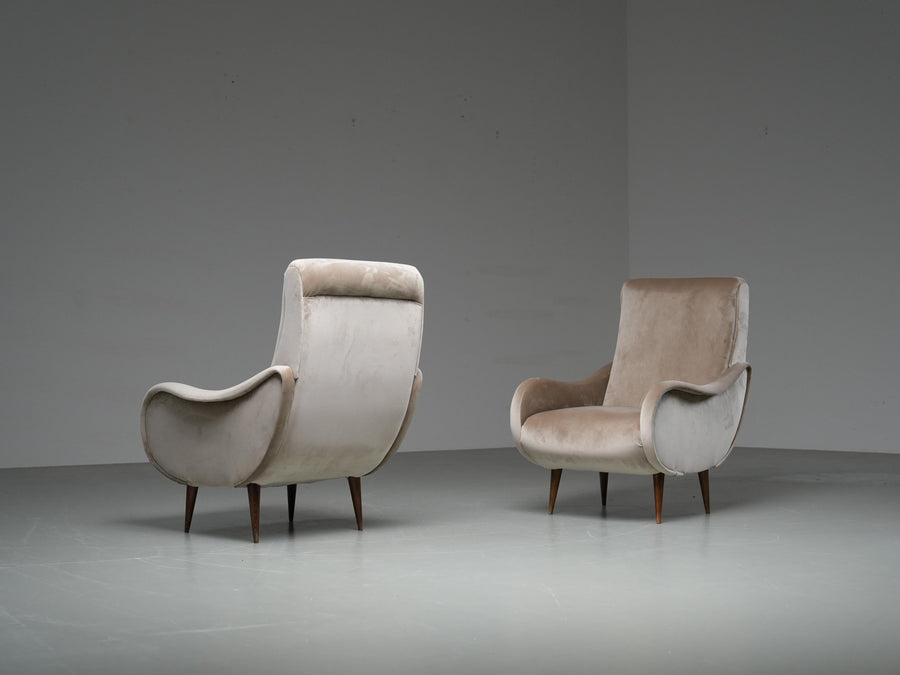 Set of 2 Lounge Chairs in light brown Velvet and Wood, Italy, 1950's
