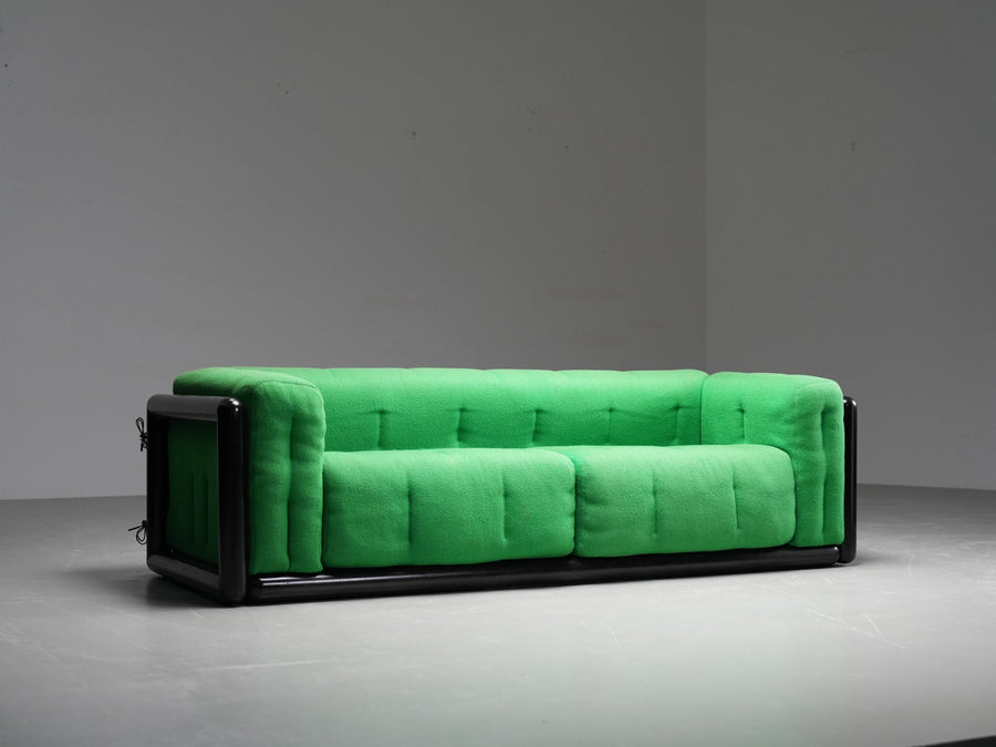 Carlo Scarpa "Cornaro" Sofa early edition in Iroko Wood and Fabric, Italy, 1950s
