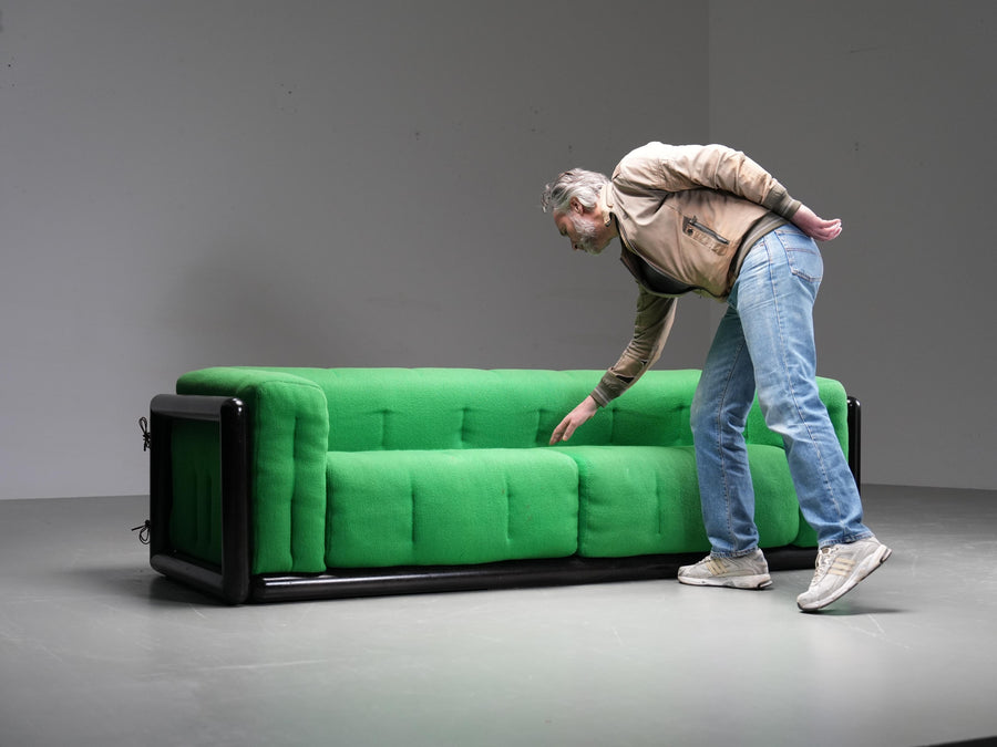 Carlo Scarpa "Cornaro" Sofa early edition in Iroko Wood and Fabric, Italy, 1950s